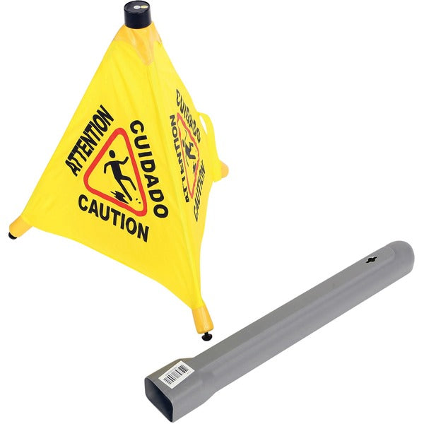 Globe Caution Sign - Print/Message "CAUTION" , "Attention" , "Cuidado" - 16" (406.40 mm) Width x 18" (457.20 mm) Height - Cone Shape - Lightweight, Bilingual, Foldable, Easy to Use, Reflective - Fabric - Black, Yellow - 1 / Each