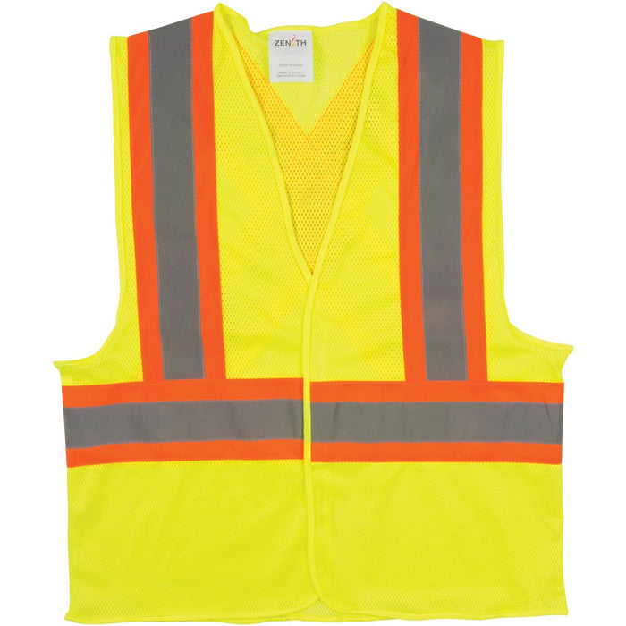 Zenith Traffic Safety Vest Large - Recommended for: Traffic - Large - Hook & Loop Closure - Polyester - High Visibility Lime Yellow - Lightweight, Comfortable, Reflective Strip, Machine Washable - 1 Each