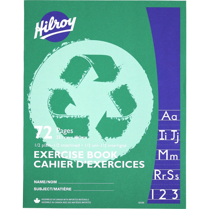 Hilroy Recycled Stitchbook, 72 pages, 1/2 Plain, 1/2 Interlined Ruling - 72 Pages - Plain, Interlined Front Ruling - 9.12" (231.65 mm) Height x 7 1/8" (18.08 cm) Width x 0.12" (3.05 mm) Depth - White Paper - Assorted Cover - Lightweight - Recycled - 1 Eac