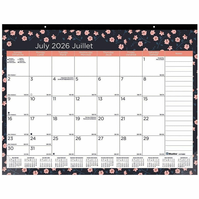Blueline 2026 18-Month Monthly Desk Pad/Calendar - July to December - 22" x 17" - Blossom Collection - Bilingual - Academic - Monthly - 18 Month - July 2025 to December 2026 - 1 Month Single Page Layout - 22" (558.80 mm) x 17" (431.80 mm) Sheet Size - 2 x
