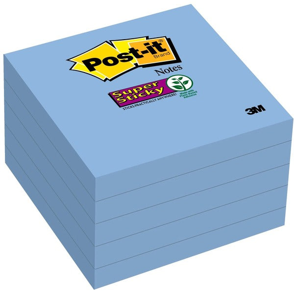 Post-it&reg; Super Sticky Notes 654-5SSBW, 3 in x 3 in (76 mm x 76 mm), Mediterranean Blue - 3" (76.20 mm) Flag/Note Width x 3" (76.20 mm) Flag/Note Length - Square - 90 Sheets per Pad - Mediterranean Blue - Paper - Sticky, Recyclable, Adhesive - 5 / Pack