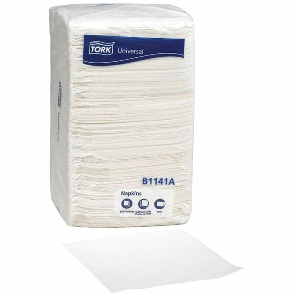 TORK White Beverage Napkin - 1 Ply - 9.4" x 9.4" - White - Paper, Fiber - 500 / Pack