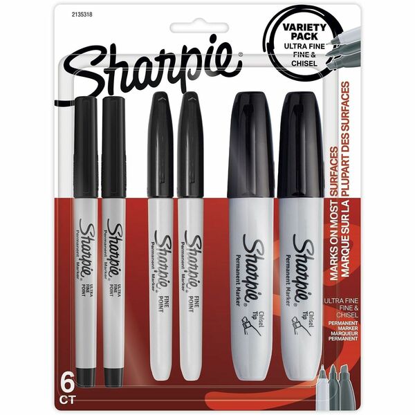 Sharpie Permanent Marker - Fine Chisel, Ultra Fine Marker Point - Black Ink - 6 / Pack