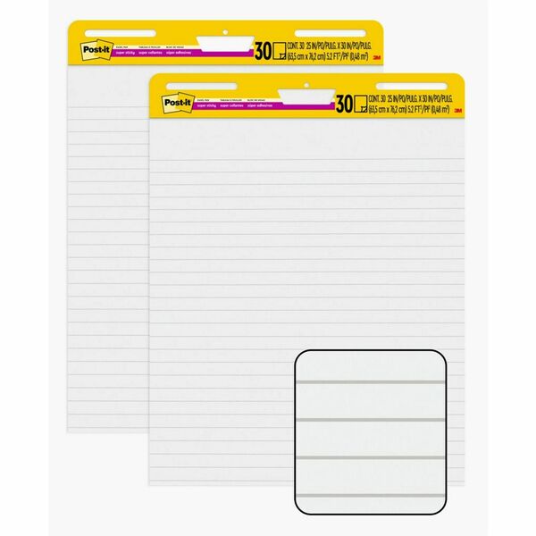 Post-it&reg; Super Sticky Easel Pad - 30 Sheets - Ruled Front Ruling x 25" (63.50 cm) Width x 30" (76.20 cm) Length - Self-stick, Resist Bleed-through, Handle, Sturdy Backcard, Universal Slot, Repositionable, Adhesive Backing - 2 / Pack