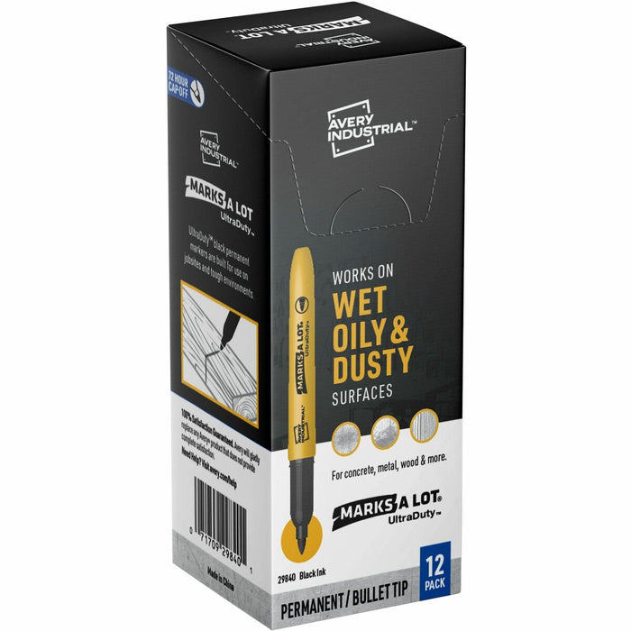 Avery Marks A Lot UltraDuty Markers, Bullet Tip, Black (29840) - 1.0 mm Bullet Marker Point - Black Ink - Construction, Warehouse, Plastic, Metal - 12 / Pack
