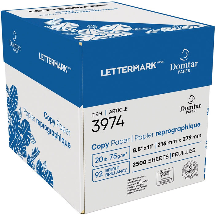Domtar Copy Paper 92B 20lb 8-1/2" x 11" 500/pkg - 92 Brightness - 88% Opacity - Letter - 8 1/2" (215.90 mm) x 11" (279.40 mm) - 20 lb (9071.85 g) Basis Weight - Smooth - Sustainable Forestry Initiative (SFI) - ColorLok Technology - White - 2500 Sheets - 5