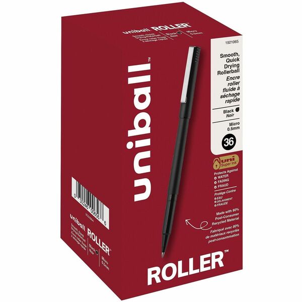 uniball Roller Rollerball Pens - 0.5 mm (0.02") Micro Pen Point - Black Ink - Liquid - Black Barrel - 36 / Pack