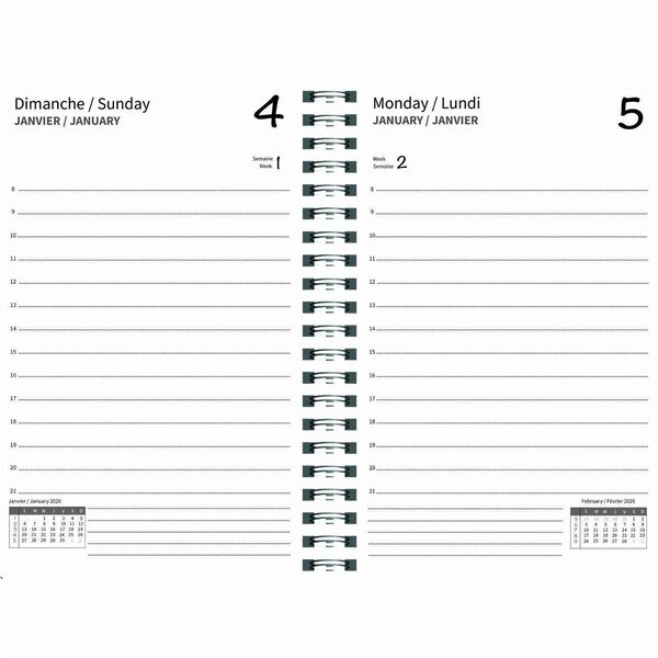 Quo Vadis Exdi Daily Planner, 8-1/4" x 6" , Bilingual, Assorted Colours - Daily, Monthly - 12 Month - January 2026 to December 2026 - 8:00 AM to 9:00 PM - Hourly - 1 Day Single Page Layout - 6" (152.40 mm) x 8 1/4" (209.55 mm) Sheet Size - Spiral Bound -
