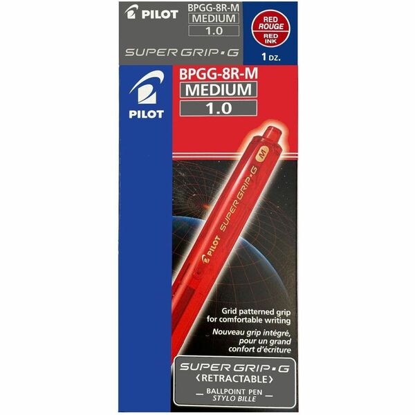 Pilot Super Grip G Ballpoint Pen - Medium Pen Point - Refillable - Retractable - Red Ink - Oil Based - Transparent Barrel - 12 / Box