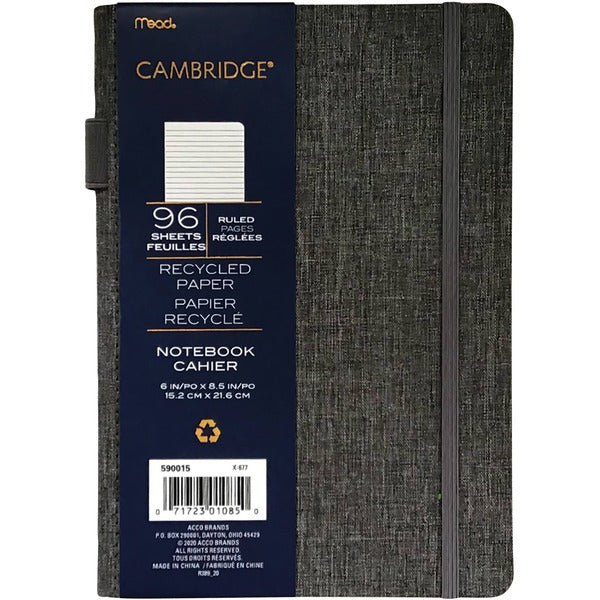 Cambridge Cambridge Notebook - 96 Sheets - 192 Pages - Ruled Front Ruling x 6" (15.24 cm) Width x 8 1/2" (21.59 cm) Length - Fabric Cover - Pen, Bungee Closure - Recycled - 1 Each