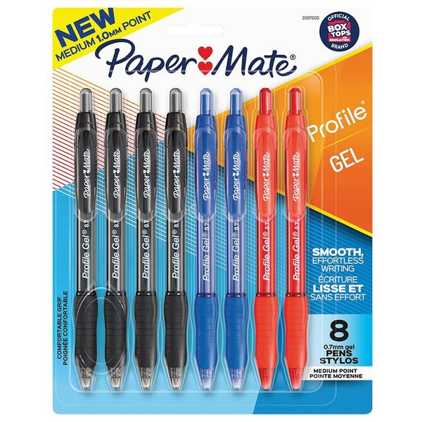 Paper Mate Profile Gel Pen - 0.7 mm Pen Point Size - Retractable - Black, Blue, Red Gel-based Ink - 8 Pack