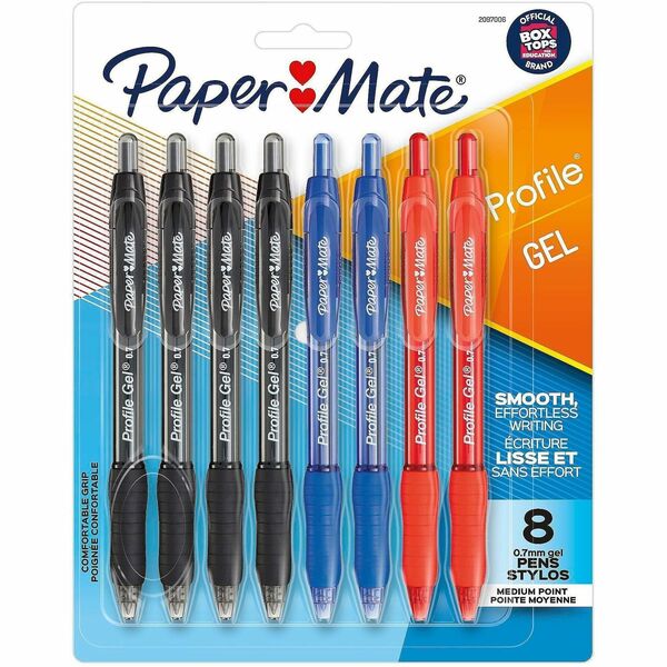 Paper Mate Profile Gel Pen - 0.7 mm (0.03") Pen Point - Retractable - Black, Blue, Red Ink - Gel-based - 8 Pack