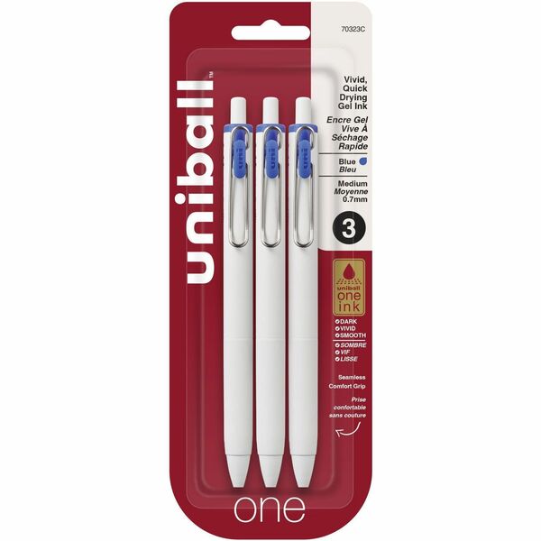 uniball&trade; ONE Gel Pen - 0.7 mm (0.03") Pen Point - Retractable - Blue Ink - Gel-based, Pigment-based - 3 / Pack