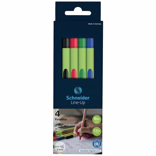 Schneider Line-Up Pen - 0.4 mm (0.02") Pen Point - 0.4 mm (0.02") Fine Marker Point - Black, Red, Green, Blue Ink - Green Rubberized Triangular Barrel - Metal Tip - 4 / Pack