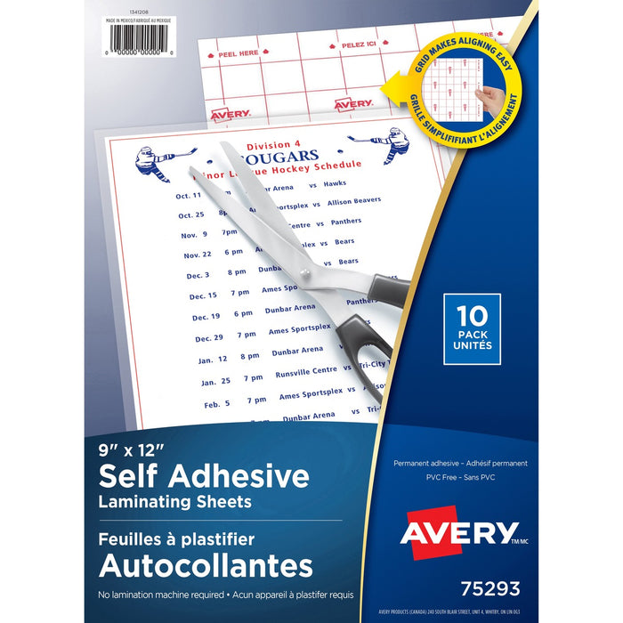 Avery&reg; Self Adhesive Laminating Sheets, 9" x 12" , 10/pk - Sheet Size Supported: A4 8.50" (215.90 mm) Width x 11" (279.40 mm) Length - Laminating Pouch/Sheet Size: 9" (228.60 mm) Width - for Document, Photo, Paper - Alignment Guide, Permanent Adhesive