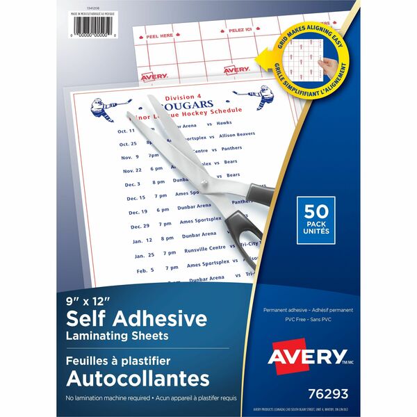 Avery&reg; Self Adhesive Laminating Sheets, 9" x 12" , 50/pk - Sheet Size Supported: 9" (228.60 mm) Width x 12" (304.80 mm) Length - Laminating Pouch/Sheet Size: 9.25" (234.95 mm) Width x 12.25" (311.15 mm) Length - Alignment Guide, Permanent Adhesive, Ac