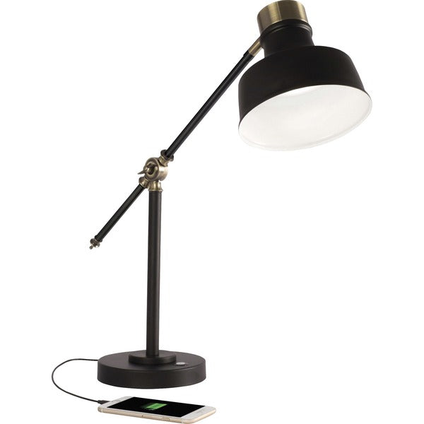 OttLite Balance LED Desk Lamp - 18" (457.20 mm) Height x 4" (101.60 mm) Width - LED Bulb - Black, Antique Brass - Adjustable Arm, Adjustable Shade, Energy Saving, USB Charging, ClearSun LED - 428 lm Lumens - Metal - Desk Mountable - Brown - for Office, Li