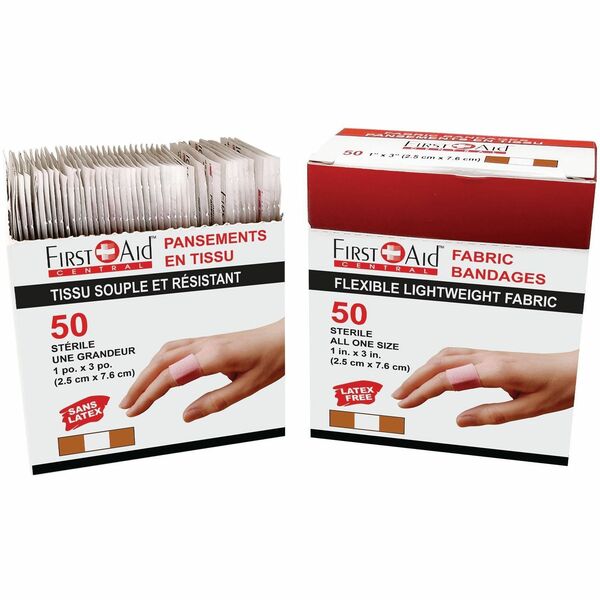 First Aid Central Fabric Adhesive Bandages (1"x3") - - 1" (25.40 mm) Width x 3" (76.20 mm) Length - Fabric - 50 / Pack