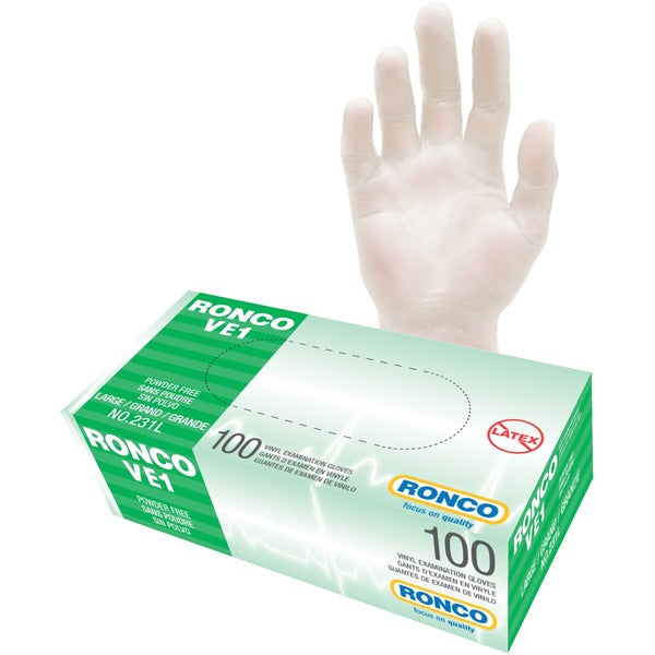 RONCO VE1 Vinyl Examination Glove (3 mil) - 3 mil (0.08 mm) Thickness x 9.45" (240 mm) Glove Length - Allergy Protection - Large Size - For Right/Left Hand - Smooth - Clear - Lightweight, Comfortable, Latex-free, Flexible, Non-sterile - For Healthcare Wor
