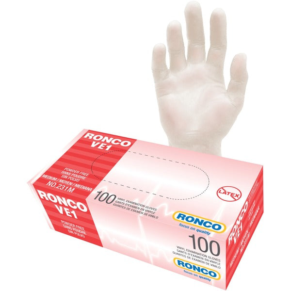 RONCO VE1 Vinyl Examination Glove (3 mil) - 3 mil (0.08 mm) Thickness x 9.45" (240 mm) Glove Length - Allergy Protection - Medium Size - For Right/Left Hand - Clear - Lightweight, Comfortable, Latex-free, Flexible, Non-sterile - For Healthcare Working, Fo