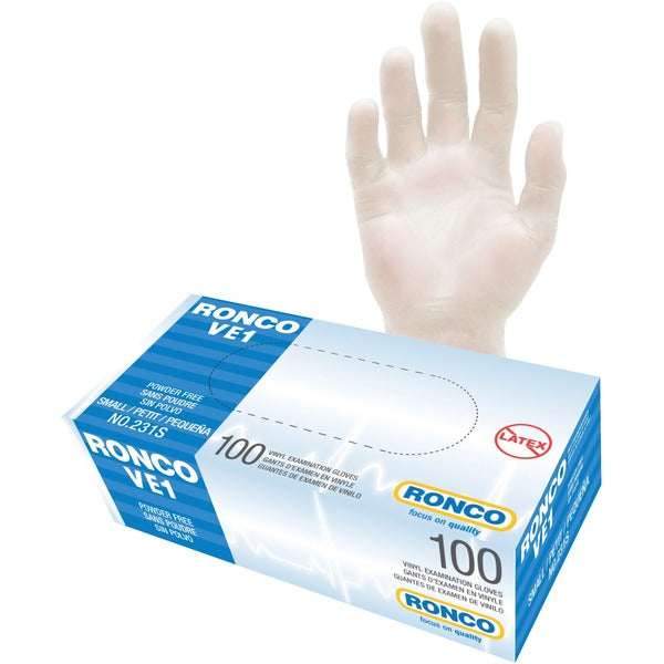 RONCO VE1 Vinyl Examination Glove (3 mil) - 3 mil (0.08 mm) Thickness x 9.45" (240 mm) Glove Length - Allergy Protection - Small Size - For Right/Left Hand - Clear - Lightweight, Comfortable, Latex-free, Flexible, Non-sterile - For Healthcare Working, Foo