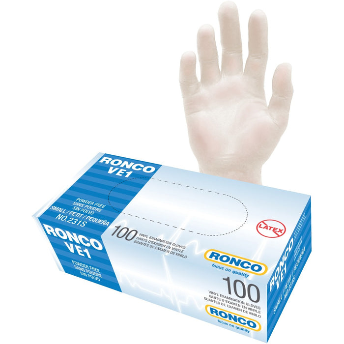 RONCO VE1 Vinyl Examination Glove (3 mil) - 3 mil (0.08 mm) Thickness x 9.45" (240 mm) Glove Length - Allergy Protection - Small Size - For Right/Left Hand - Vinyl - Clear - Ambidextrous, Lightweight, Comfortable, Latex-free, Flexible, Non-sterile - For S