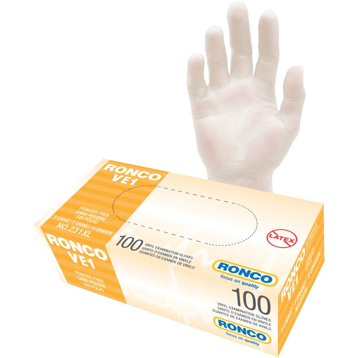 RONCO VE1 Vinyl Examination Glove (3 mil) - 3 mil (0.08 mm) Thickness x 9.45" (240 mm) Glove Length - Allergy Protection - X-Large Size - For Right/Left Hand - Vinyl - Clear - Ambidextrous, Lightweight, Comfortable, Latex-free, Flexible, Non-sterile - For