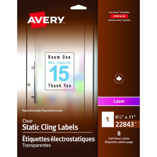 Avery&reg; Clear Static Cling Labels 8½" X 11" , Repositionable, for Laser Printers - Permanent Adhesive - Rectangle - Laser, Inkjet - Clear - 4 / Sheet - 8 / Pack