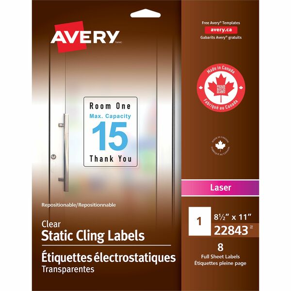 Avery&reg; Clear Static Cling Labels 8-1/2" X 11" , Repositionable, for Laser Printers - - HeightPermanent Adhesive - Rectangle - Laser, Inkjet - Clear - 4 / Sheet - 8 / Pack