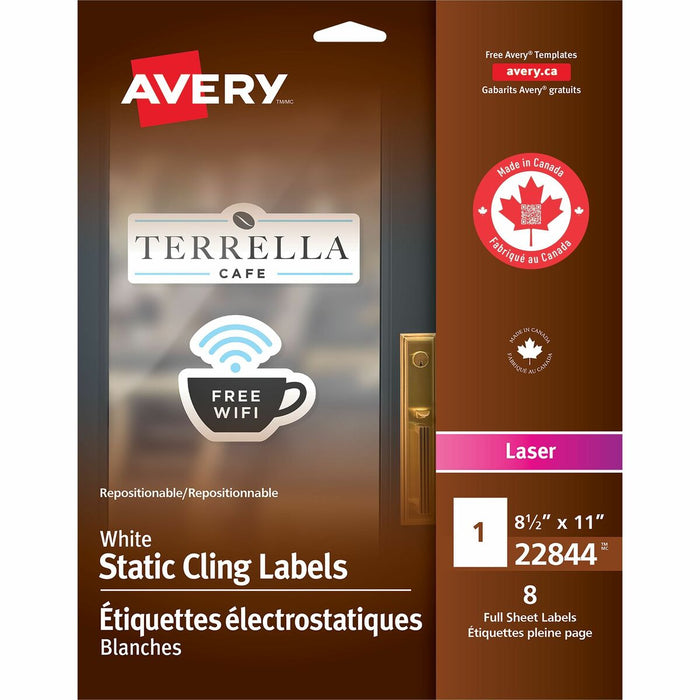 White Static Cling Labels 8-1/2" X 11" , Repositionable, for Laser Printers - Removable Adhesive - Laser - White - Film - 1 / Sheet - 8 / Pack