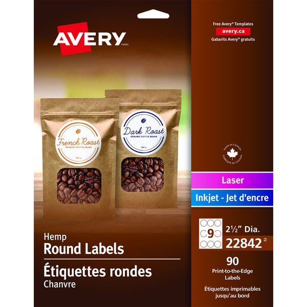 Avery&reg; Hemp Round Labels 2½" Diameter, Permanent Adhesive, for Laser and Inkjet Printers - Permanent Adhesive - Round - Laser, Inkjet - Beige - 90 / Pack