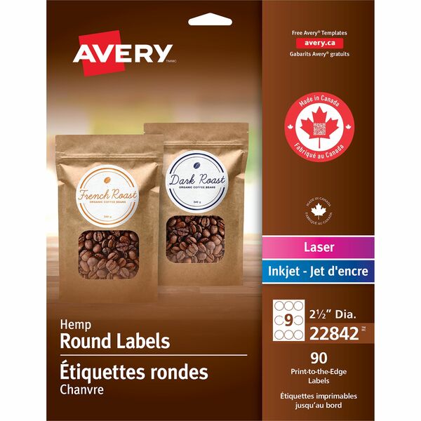 Avery&reg; Hemp Round Labels 2-1/2" Diameter, Permanent Adhesive, for Laser and Inkjet Printers - - HeightPermanent Adhesive - Round - Laser, Inkjet - Beige - 90 / Pack