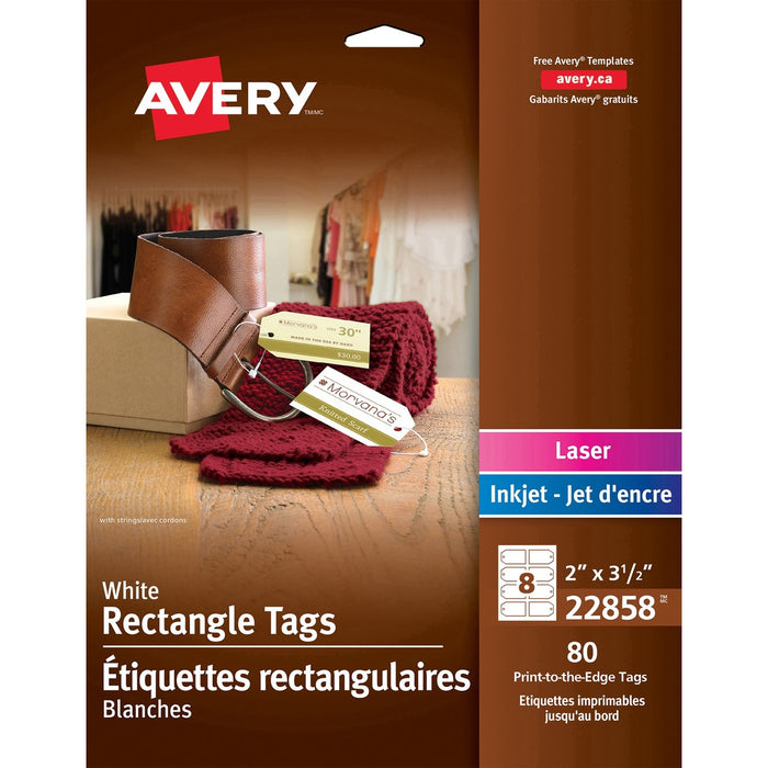 Avery&reg; Printable Rectangle Tags with Strings - 3.50" (88.90 mm) Length x 2" (50.80 mm) Width - Rectangular - String Fastener - Cardstock - White - 80 / Pack