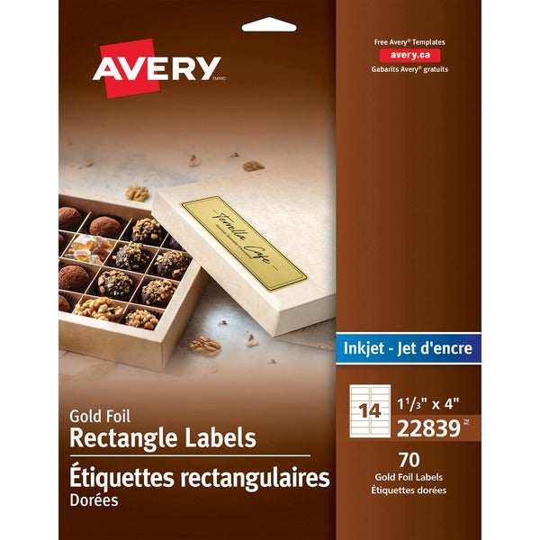 Avery&reg; Print-to-the-Edge Rectangular Labels 1-1/3" x 4" Gold 70/pkg - Permanent Adhesive - Rectangle - Inkjet - Gold - Foil - 14 / Sheet - 70 / Pack