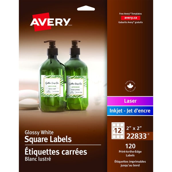 Avery&reg; Glossy White Square Labels 2" x 2" , Permanent Adhesive, for Laser and Inkjet Printers - Permanent Adhesive - Square - Inkjet, Laser - White - 12 / Sheet - 120 / Pack