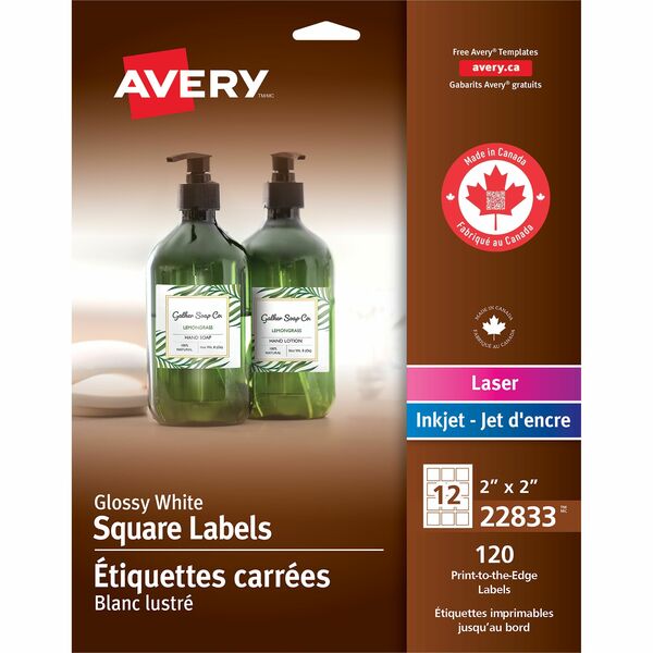 Avery&reg; Glossy White Square Labels 2" x 2" , Permanent Adhesive, for Laser and Inkjet Printers - - HeightPermanent Adhesive - Square - Inkjet, Laser - White - 12 / Sheet - 120 / Pack