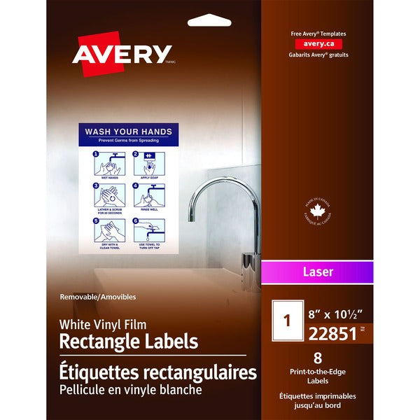 Avery&reg; White Vinyl Film Rectangle Labels 8" X 10-1/2" , Removable Adhesive, for Laser Printers - - HeightRemovable Adhesive - Rectangle - Laser - White - Vinyl, Film - 1 / Sheet - 8 / Pack