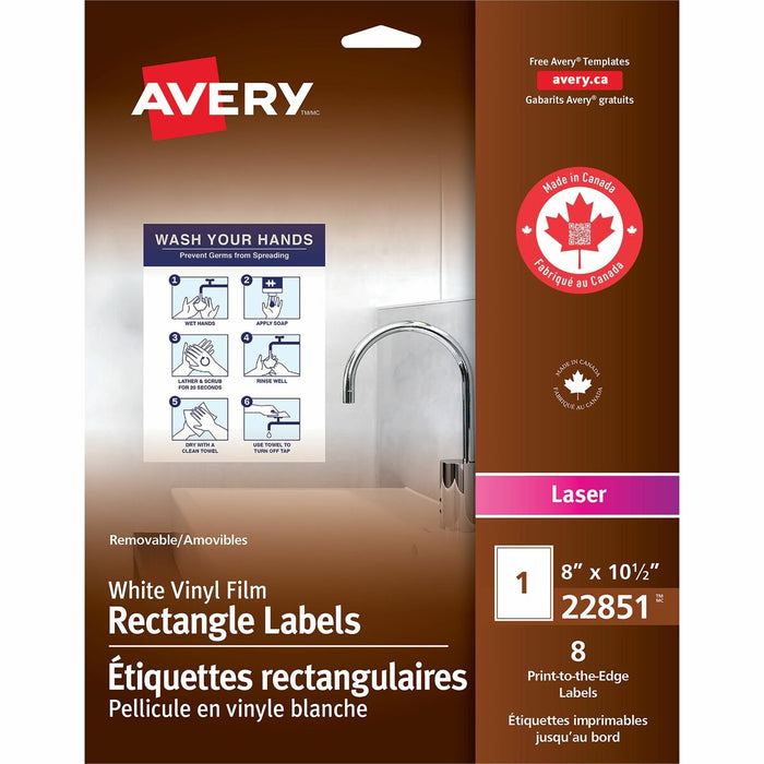 White Vinyl Film Rectangle Labels 8" X 10-1/2" , Removable Adhesive, for Laser Printers - - HeightRemovable Adhesive - Rectangle - Laser - White - Vinyl - 1 / Sheet - 8 / Pack