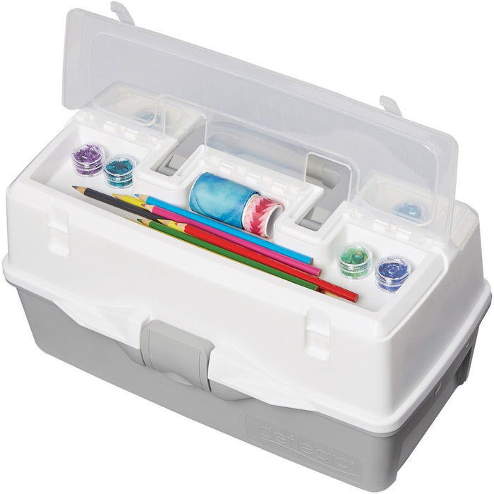 Deflecto Three-Tray Storage Box 9" x 16-1/64" x 8-2/5" Grey and White - External Dimensions: 16" (406.80 mm) Width x 8.4" (213.36 mm) Depth x 9" (228.60 mm) Height - Lid Closure - Stackable - Plastic, Polypropylene - Gray, White - For Multipurpose, Art Su
