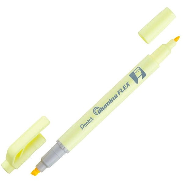 Pentel Illumina Flex Dual Tip Highlighters Pastel Yellow 10/box - Fine Chisel, Bullet Marker Point - Refillable - Pastel Yellow Ink - 1 / Each