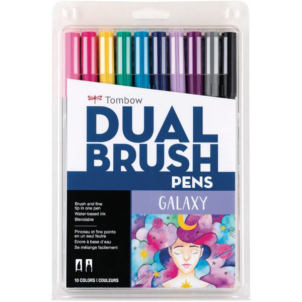 Tombow Dual Brush Pen Art Markers, Galaxy, 10-Pack - Fine, Medium, Bold Pen Point - Brush, Fine Marker Point - Rose Pink, Light Orange, Green, Turquoise, Cool Gray, Lamp Black, Purple Sage, Royal Purple, Rhodamine Red, Jet Blue Ink - Water Based - Nylon T