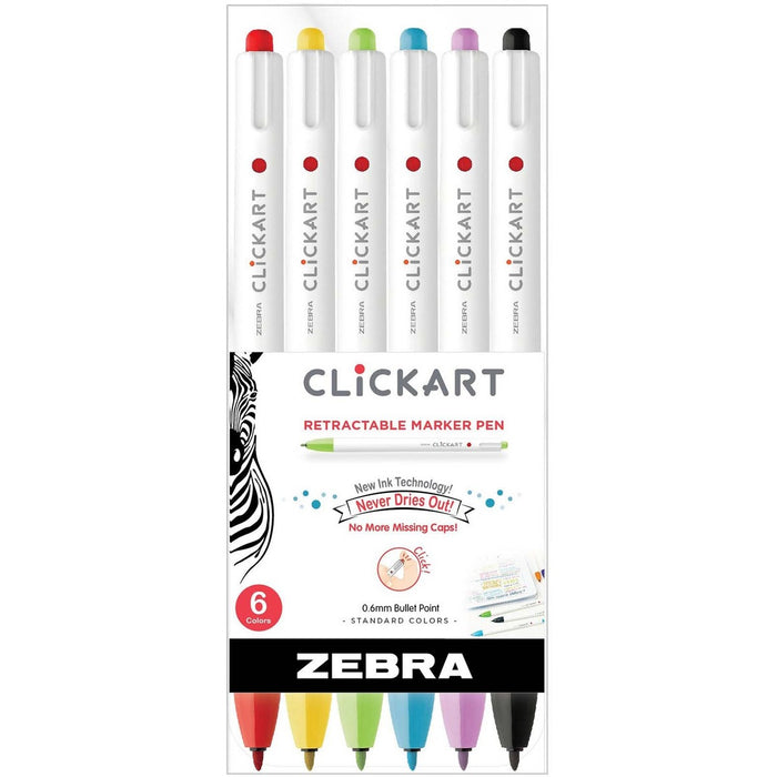 Zebra Pen ClickArt Retractable Markers Bullet Tip Assorted Colours 6/pkg - Retractable - Assorted Ink - Water Based - 6 / Pack