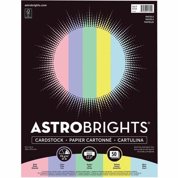 Astrobrights Cover Stock 65 lb 8-1/2" x 11" Assorted Pastel Colours 50 sheets/pk - Letter - 8 1/2" (215.90 mm) x 11" (279.40 mm) - 65 lb (29483.50 g) Basis Weight - Assorted Pastel - 50 / Pack