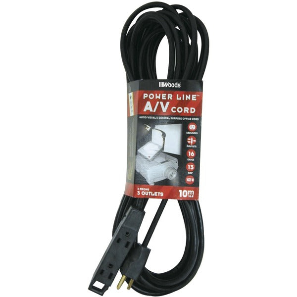 Woods Audio/Visual Extension Cord 10 m/32.8 ft. Black - For Audio/Video Device - 125 V AC / 13 A - Black - 32.8 ft (10 m) Cord Length