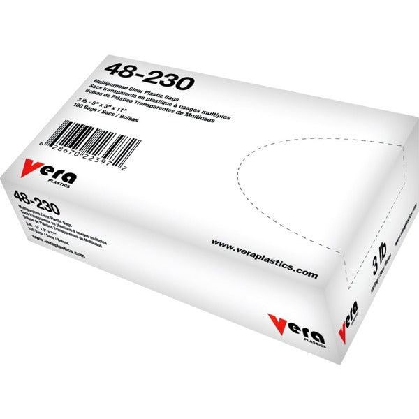 Vera Plastics LDPE Flat Polybag - 3 lb (1360.78 g) Capacity - 11" (279.40 mm) Length x 5" (127 mm) Width - 3" (76.20 mm) Gusset - Low Density - Clear - Low Density Polyethylene (LDPE) - Multipurpose - 100 / Box