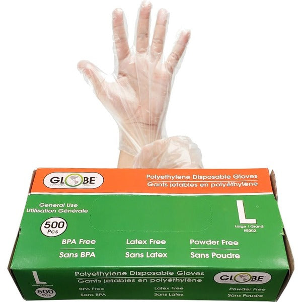 Globe Disposable Deli Gloves Large Clear 500/box - 1.50 mil (0.04 mm) Thickness x 9.06" (230.12 mm) Glove Length - Large Size - For Right/Left Hand - Clear - Water Proof, Breathable, Latex-free, BPA-free - For Cooking, Cleaning, Food Handling, Dishwashing