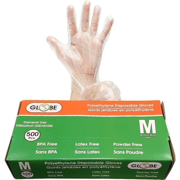 Globe Disposable Deli Gloves Medium Clear 500/box - 1.50 mil (0.04 mm) Thickness x 9.06" (230.12 mm) Glove Length - Medium Size - For Right/Left Hand - Clear - Water Proof, Breathable, Latex-free, BPA-free - For Cooking, Cleaning, Food Handling, Dishwashi