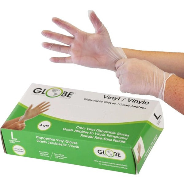 Globe Disposable Vinyl Gloves Clear Large 100/box - 4 mil (0.10 mm) Thickness x 9.06" (230.12 mm) Glove Length - Chemical Protection - Large Size - For Right/Left Hand - Clear - Latex-free, Water Proof, Allergen-free, Durable, BPA-free - For Food, Beauty