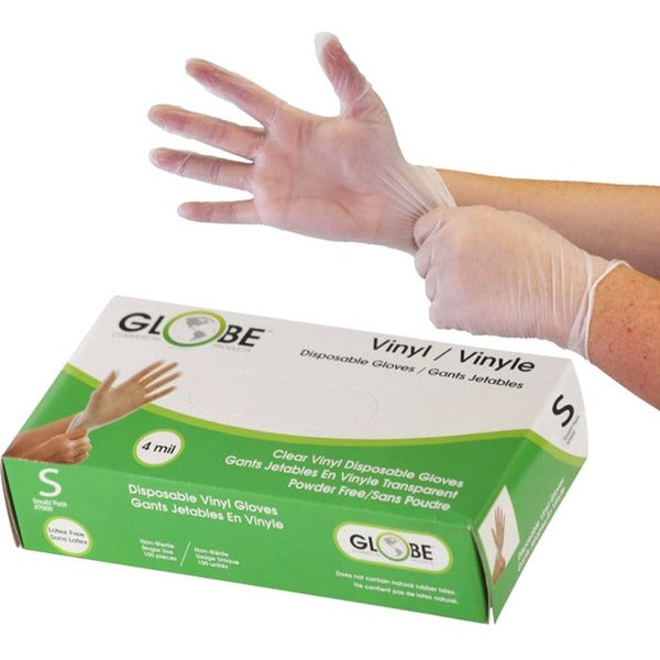 Globe Disposable Vinyl Gloves Clear Small 100/box - 4 mil (0.10 mm) Thickness x 9.06" (230.12 mm) Glove Length - Chemical Protection - Small Size - For Right/Left Hand - Clear - Latex-free, Water Proof, Allergen-free, Durable, BPA-free - For Food, Beauty