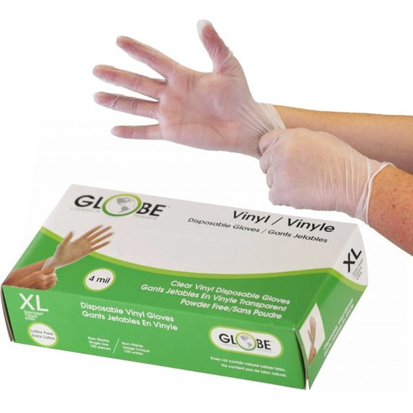 Globe Disposable Vinyl Gloves Clear X-Large 100/box - 4 mil (0.10 mm) Thickness x 9.06" (230.12 mm) Glove Length - Chemical Protection - X-Large Size - For Right/Left Hand - Clear - Latex-free, Water Proof, Allergen-free, Durable, BPA-free - For Food, Bea